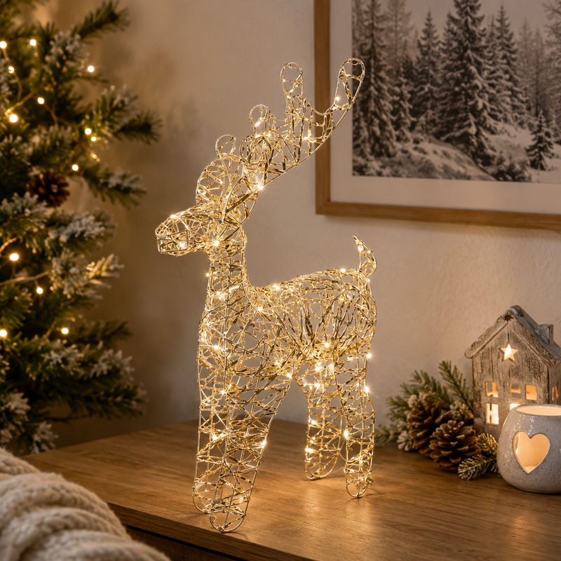 EDG Enzo De Gasperi Decoración Reno de Navidad Led Trenzado 50 MicroLed H 50 Cm L 13 Cm L 27 Cm IP20 Gold