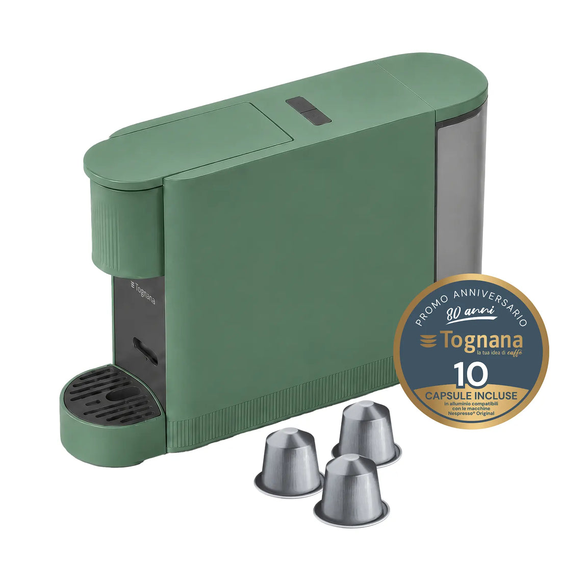 Tognana Iridea Set Macchina da Caffè Elettrica Compatibile Nespresso Color Verde con 10 Capsule – Macchina Espresso