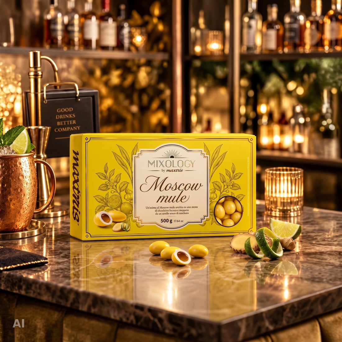 Maxtris Confites Mixology Moscow Mule 500 g – Confites Amarillos de Chocolate Blanco con Relleno al Gusto Moscow Mule para Fiestas y Eventos
