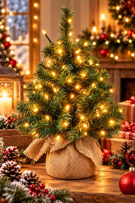 Árbol de Navidad Artificial Verde con 120 Luces LED G 60 Cm Blanco Cálido y Base en Yute – Mini Árbol Navideño Luminoso Decorativo para el Hogar
