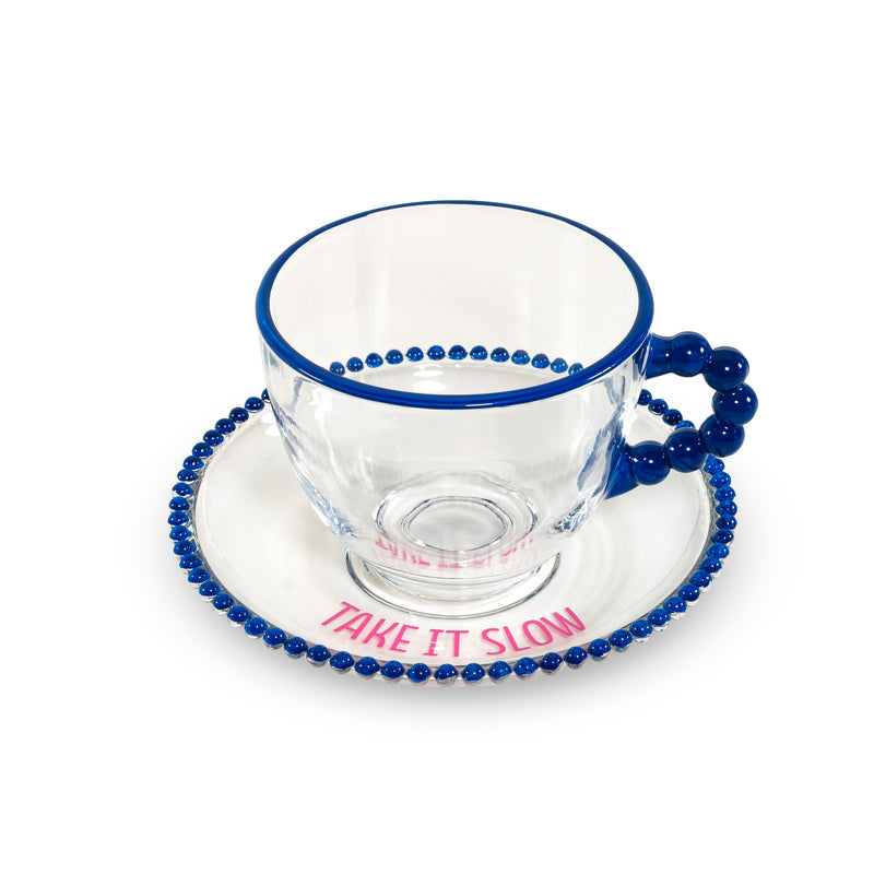 Juego WD LifeStyle 2 Tazas 230 ml en Vidrio con Platillo Decoración "Take it slow" y "Keep it chill" Rosa Azul