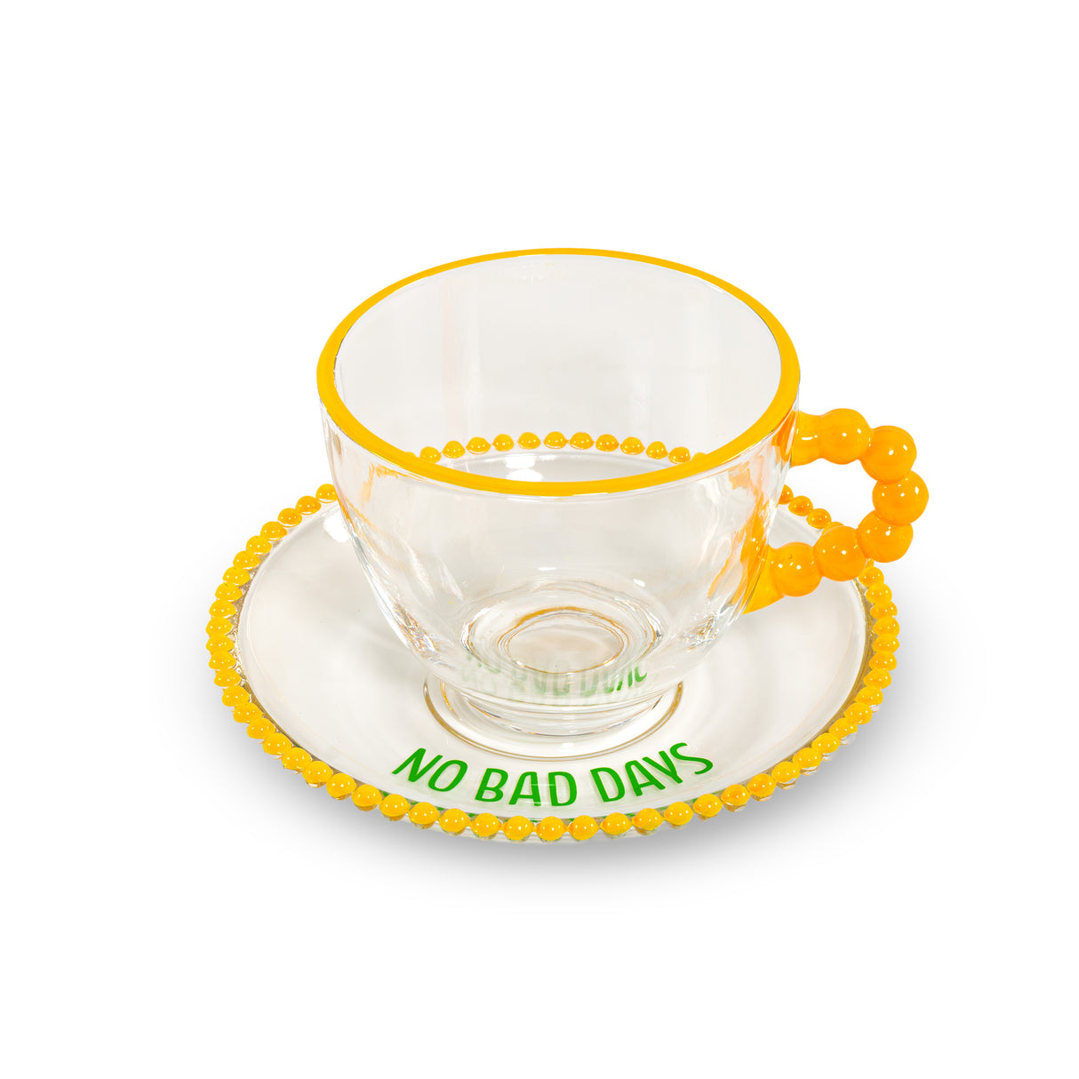 Juego WD LifeStyle 2 Tazas 230 ml en Vidrio con Plato Decoración "Good energy only" y "No bad days" Amarillo Verde