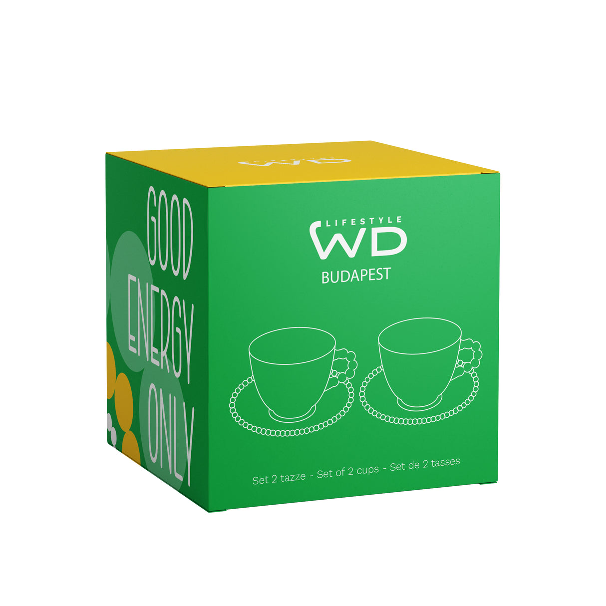 Juego WD LifeStyle 2 Tazas 230 ml en Vidrio con Plato Decoración "Good energy only" y "No bad days" Amarillo Verde
