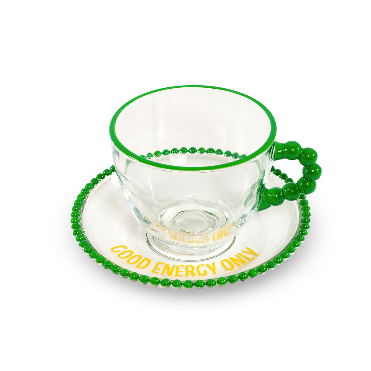 Juego WD LifeStyle 2 Tazas 230 ml en Vidrio con Plato Decoración "Good energy only" y "No bad days" Amarillo Verde