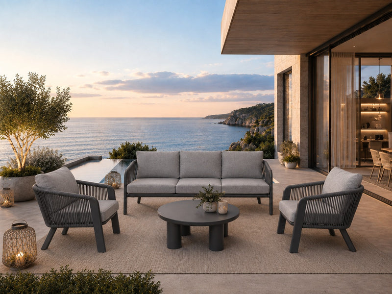 Moia Greenwood Set Salottino SANTA CRUZ en Aluminio Antracita y Cuerda Gris – 2 Sillones, Sofá de 3 Plazas y Mesita