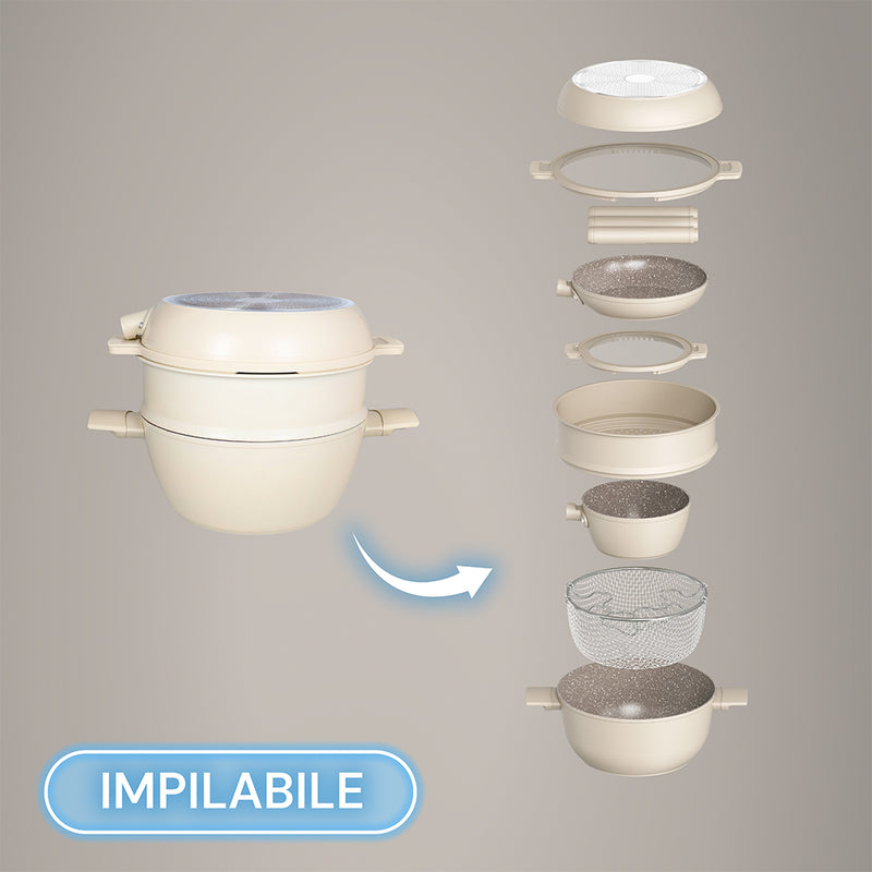 Tognana Batteria di Pentole 11 Pezzi  Modulo Champagne in Alluminio Beige – Set Pentole e Casseruole per la Cucina