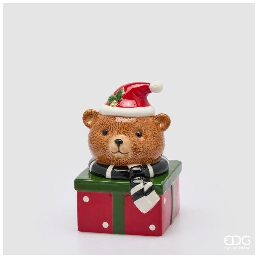 EDG Enzo De Gasperi Contenitore Natalizio Orso con Sciarpa in Ceramica H24x16x15 cm Verde Rosso – Decorazione di Natale