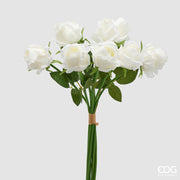 EDG Enzo De Gasperi Rosa Bouquet x9 con Hojas H 46 Cm Planta Artificial Color Blanco