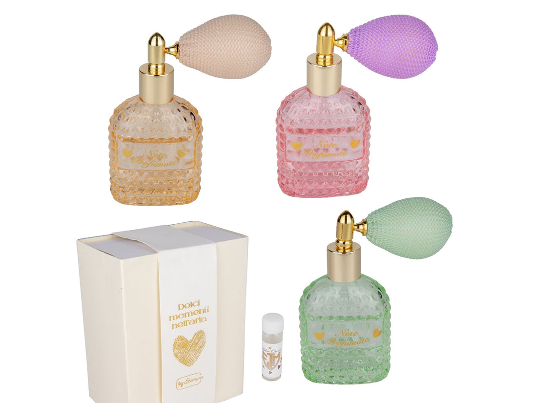 Profuma casa ed eventi con stile: diffusore spray Etiemme in vetro sfaccettato 12 cm, 3 colori pastello. Bomboniera luxury pronta al dono.
