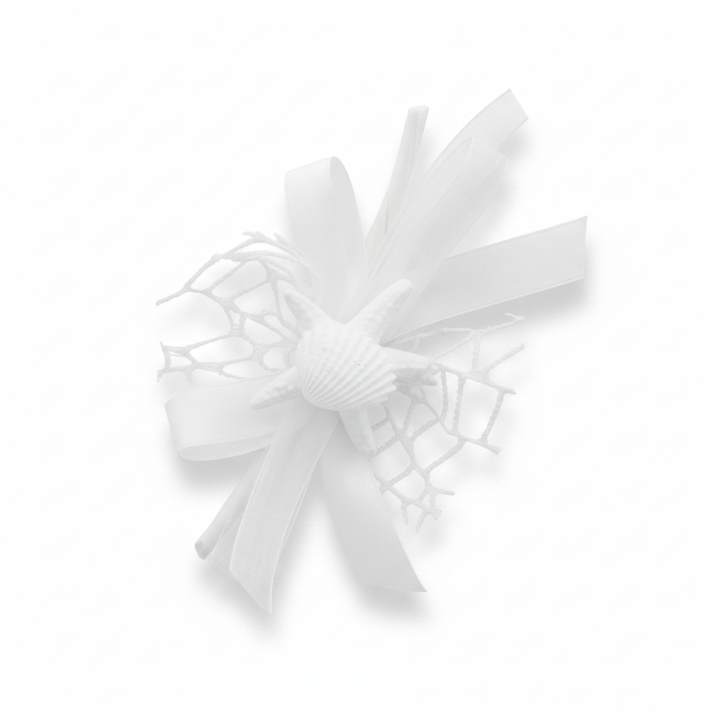 Stella marina in gesso bianco 11 cm con rete, nastro organza e raso: bomboniera mare e decorazione fai-da-te CONF 12 PZ. ean 8059973107188