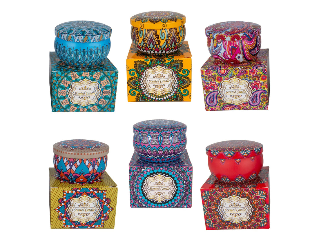 Candela Etm Mosaico in scatola latta decorata 6cm, 6 colori assortiti a €4,20 cad. Regalo originale e bomboniera. ean 8052211173709