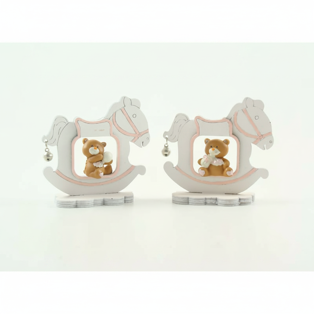 Orsetto cavalluccio in resina rosa Etm 9 cm: bomboniera nascita femminuccia in conf. da 12 pz. Decorativo e duraturo.