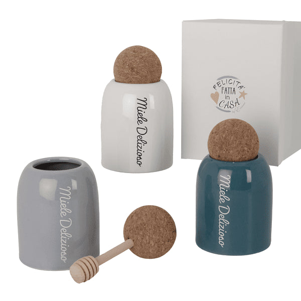 Servi il miele con il porta miele Etm Style in ceramica, ø 7,5 cm H.12 cm, set 3 pz con box regalo. Bomboniera e tavola