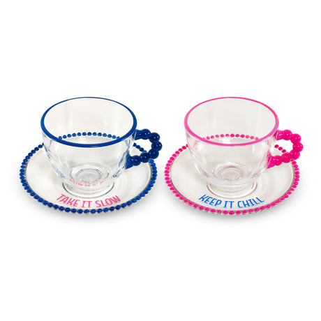 wd lifestyle wd lifestyle set 2 tazze 230 ml in vetro con piattino decorazione take it slow e keep it chill rosa blu ean 8055035684987