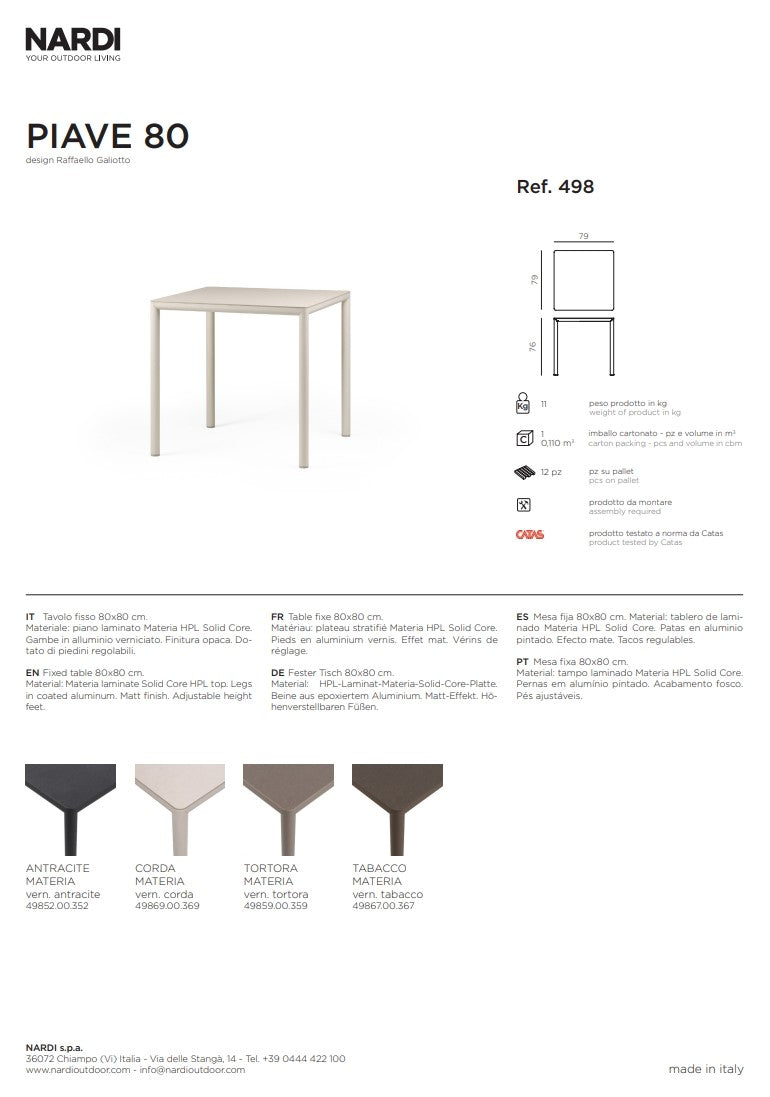 nardi nardi piave 80 tavolo quadrato verniciato corda lamin materia corda ean 8010352554689