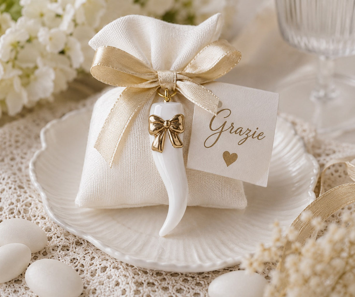 cupidoco cupidoco cornetto bianco con fiocco oro h 47 mm da appendere ideale bomboniera ean 8058196016222