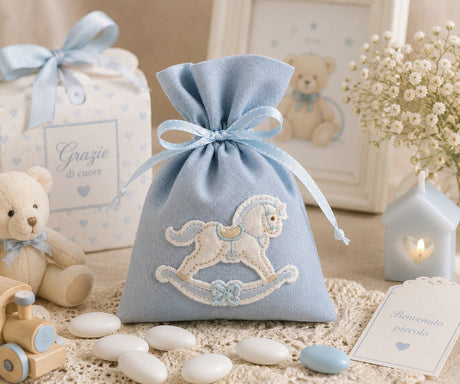 cupidoco cupidoco sacchetto cavallino azzurro bomboniera nascita e battesimo 10 x 14 cm ean 8058196001624