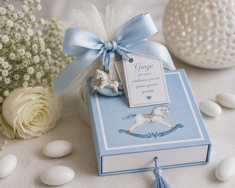 cupidoco cupidoco scatola cavallino azzurro con nappa e inserto bomboniera nascita e battesimo 12 x 12 x 4 cm ean 8058196003901