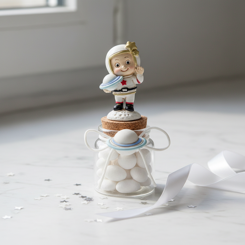 Barattolo vetro tappo sughero tema astronauta Etm H.11 cm: bomboniera originale bambini. Venduto singolarmente, 3 varianti. 