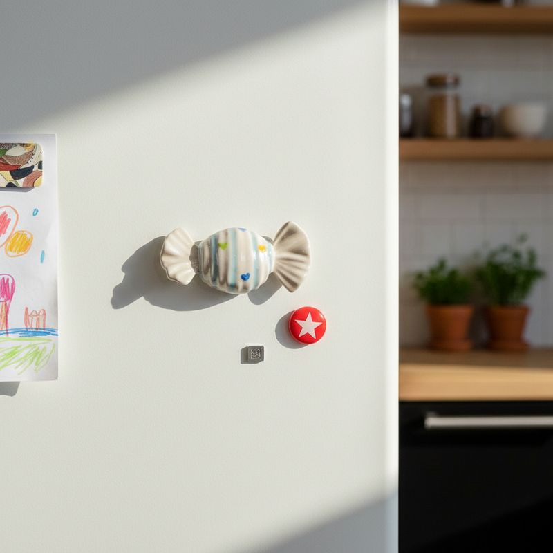 Decora il frigo con il magnete caramella Etm Candy in porcellana celeste, ø 6,5 cm. Bomboniera battesimo originale.