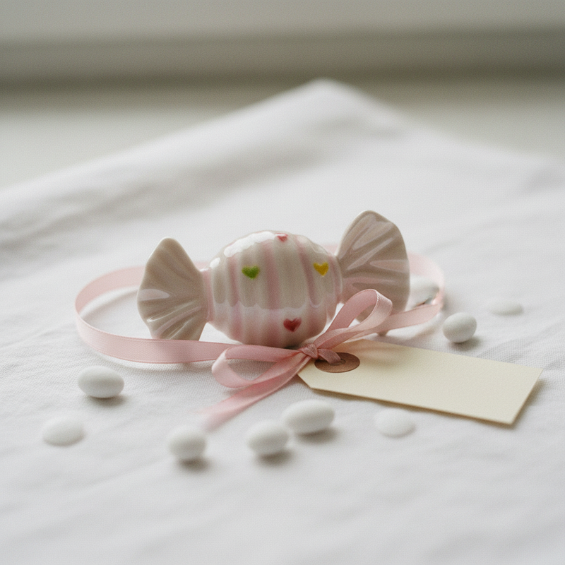Decora il frigo con il magnete caramella Etm Candy in porcellana rosa, ø 6,5 cm. Bomboniera battesimo bambina originale. 
