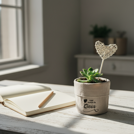 Positività e verde: Etm Heart portapiantina terracotta tessuto Ø 9 cm, scritta motivazionale, 3 varianti. Bomboniera green. 