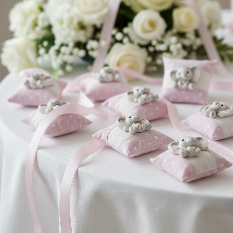 Tenero e delicato: Etm Neve sacchetto cuscino cotone rosa stelle con elefantino resina, 9 cm. Bomboniera battesimo.