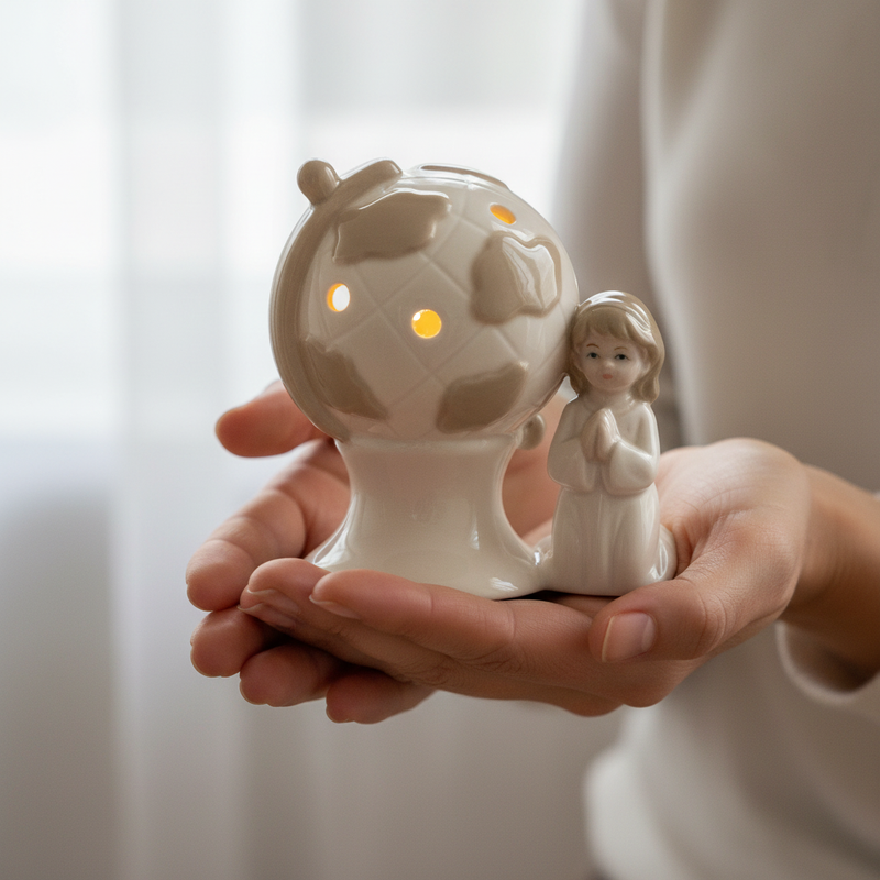 Bomboniera mappamondo LED Prima Comunione bambina Etm in porcellana 10 cm. Luce integrata, pronta all’uso.