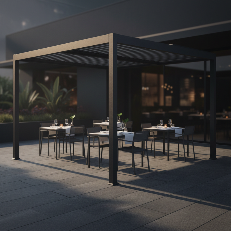 Pergola Bioclimatica Vulcano 4x4 Antracite – Ristorante Upscale Cena Basalto