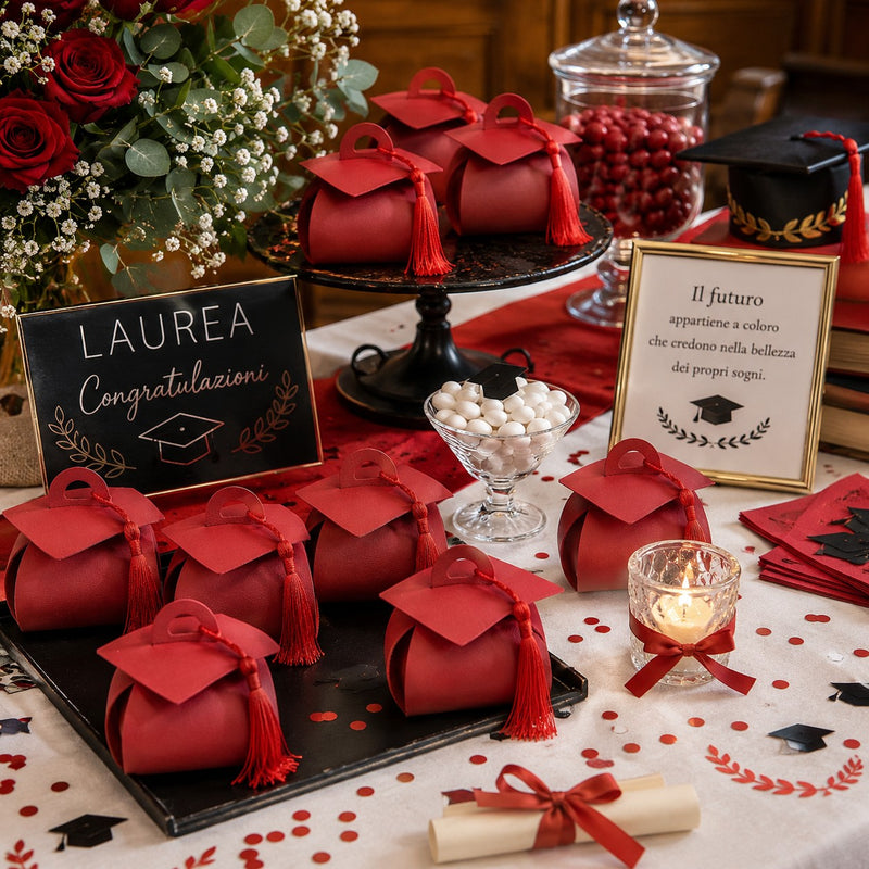 linea due elle linea due tocco laurea similpelle rosso 9x9x6 cm cappello laurea decorativo per bomboniere e confetti cf 12 pz ean 8033551046601