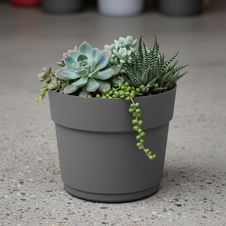 Vaso da esterno TeraPlast Bloom 34, Ø34 cm, plastica riciclata 100% colore Ash Grigio. Resiste da −30° a +60°C, compensa CO₂. ean-8051560268012