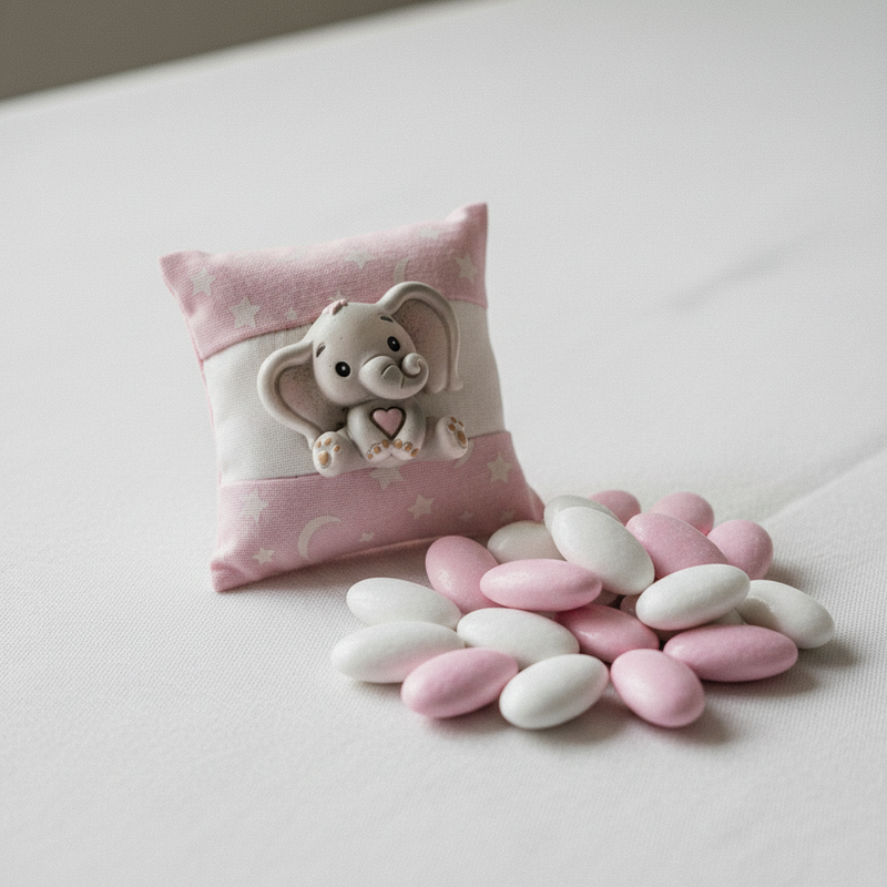 Tenero e delicato: Etm Neve sacchetto cuscino cotone rosa stelle con elefantino resina, 9 cm. Bomboniera battesimo.