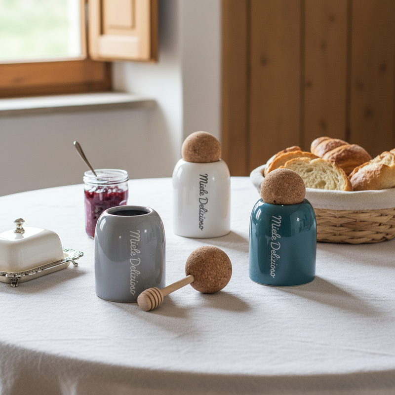 Servi il miele con il porta miele Etm Style in ceramica, ø 7,5 cm H.12 cm, set 3 pz con box regalo. Bomboniera e tavola