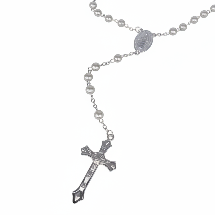 Rosario classico con perle in plastica e croce pendente 8,5 cm. Elegante, leggero, ideale per doni religiosi e cerimonie.