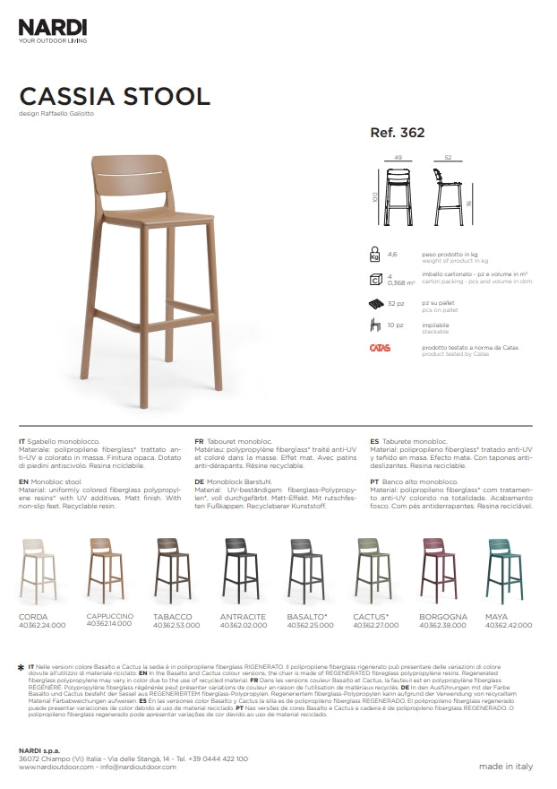 nardi nardi sgabello cassia stool colore basalto ean 8010352362253