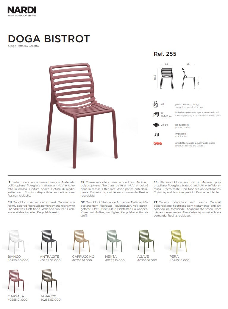 Sedia outdoor ergonomica e impilabile per terrazza e dehors. Nardi Doga Bistrot Cappuccino in polipropilene anti-UV, 53×55×82,5 cm. Ordina ora. Spedizione gratuita da €69.