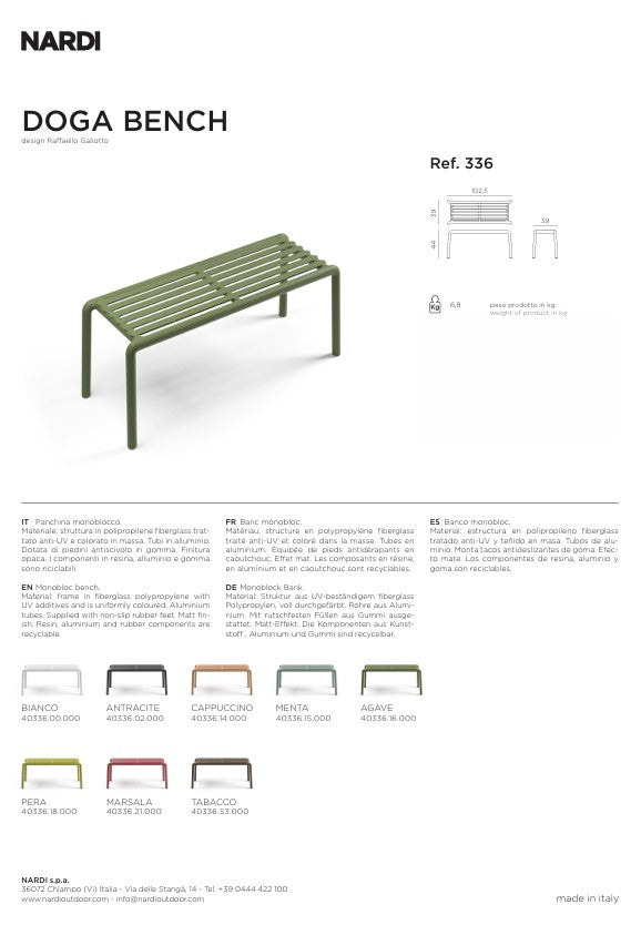 Nardi Doga Bench New Panchina da Esterno Bianca 102,5 x 44 x 39 cm – Panchina Moderna per Giardino e Terrazzo