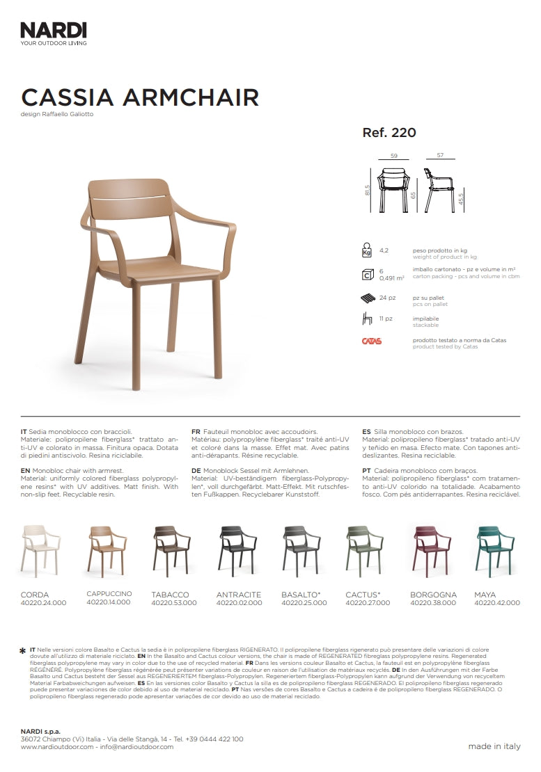 Silla Nardi Cassia Armchair Borgoña Reposabrazos Apilable