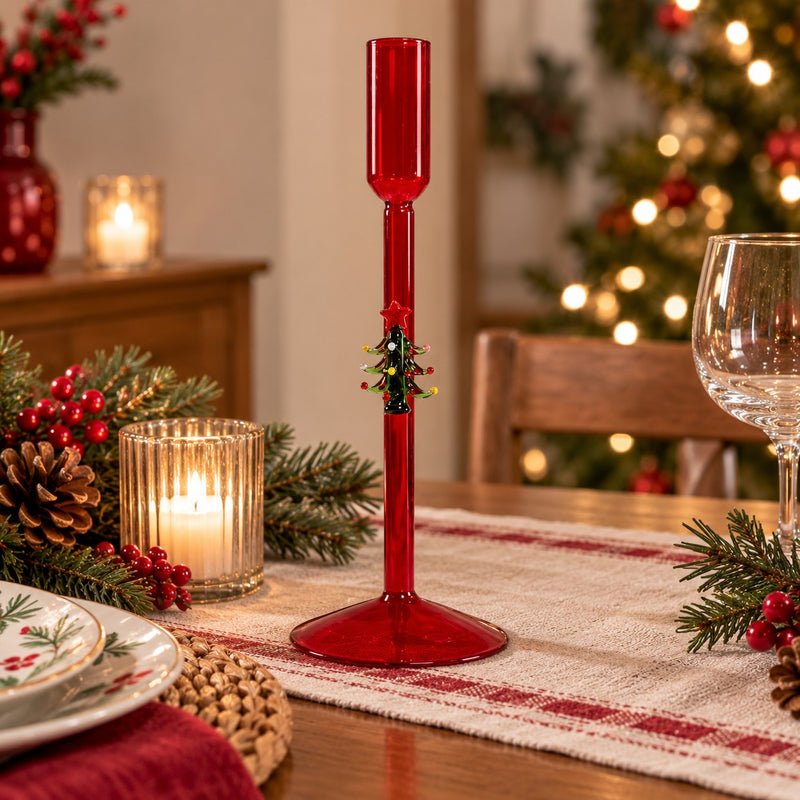 WD LifeStyle Portacandela Albero di Natale Rosso in Vetro – Decorazione Natalizia