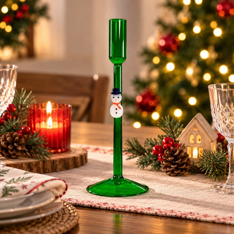 WD LifeStyle Portavelas Muñeco de Nieve Verde en Vidrio – Decoración Navideña