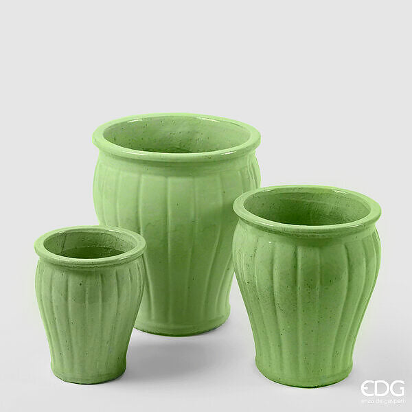 EDG Enzo De Gasperi Jarrón Glaze Svasado a Rayas Set 3 Uds H 40 Cm H 33 Cm H 25,50 Cm Verde Claro